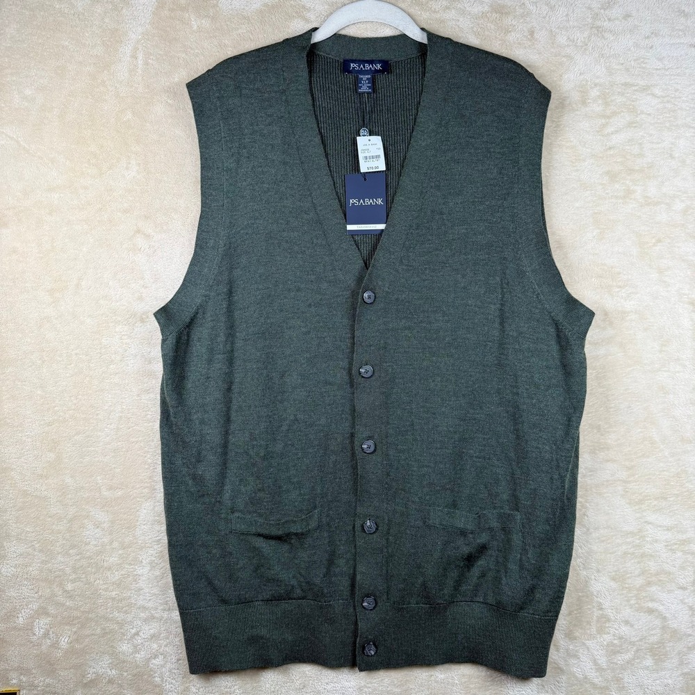 Jos A Bank Merino Wool Cardigan‎ Vest Mens XLT Green Button Front NWT Old Money